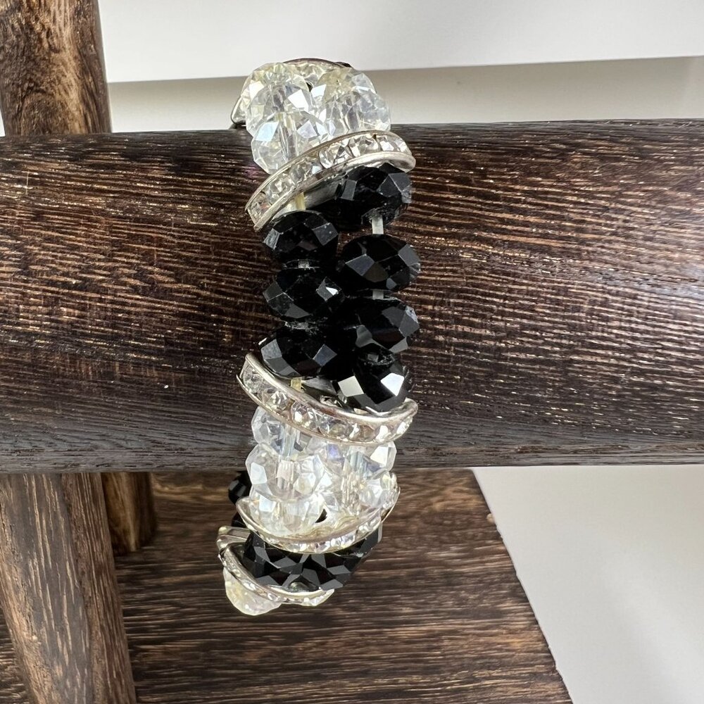 Black & Clear Crystal Bead Bracelet With Rhinestone Accents On Elastic Band